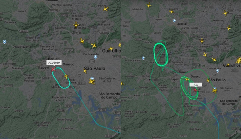 Imagem colorida mostra mapa aéreo da região do aeroporto de Congonhas, com os aviões circulados - Metrópoles