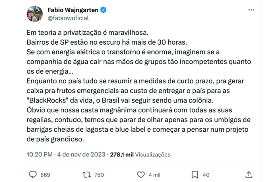 Imagem colorida traz reprodução de postagem de Fabio Wajngarten na rede X, ex-Twitter - Metrópoles