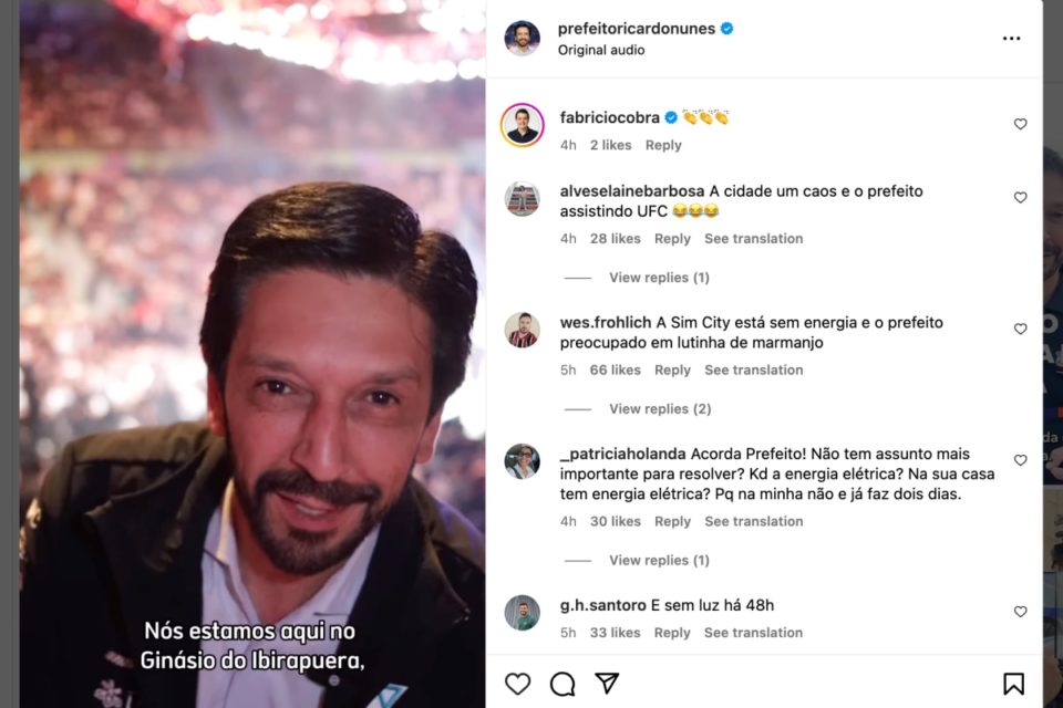 Imagem colorida mostra uma reprodução de uma postagem do prefeito Ricardo Nunes no Instagram - Metrópoles