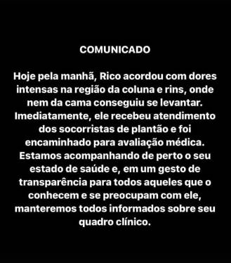 Print de comunicado onde equipe diz que Rico Melquiades passa mal e precisa de atendimento médico - Metrópoles 