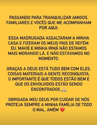 Print onde Bruna Biancardi se pronuncia sobre assalto a casa de seus pais - Metrópoles