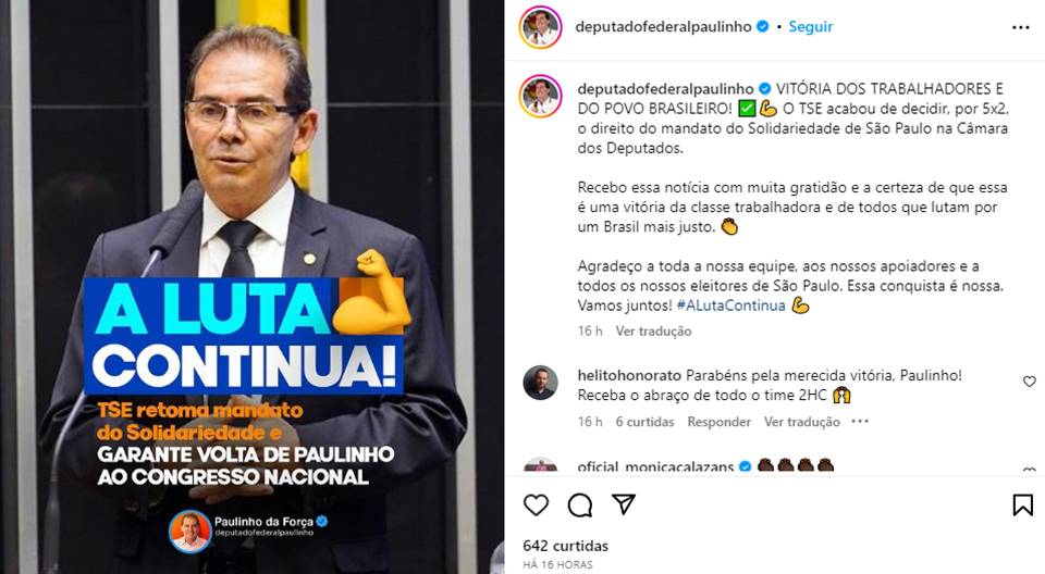 Imagem colorida do Instagram de Paulinho da Força (Solidariedade)