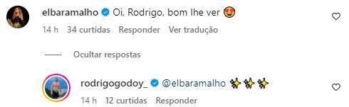 Print de Elba Ramalho interagindo em uma publicação de Rodrigo Godoy - Metrópoles