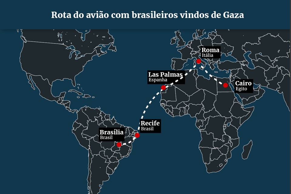 Imagem colorida mostra mapa com a rota de onde passaram o voo com brasileiros vindos de Gaza - metrópoles