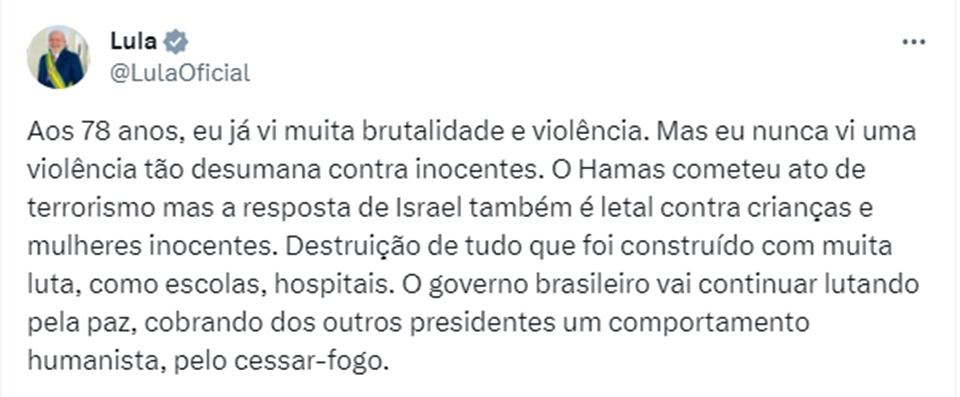 Post de Lula comparando Hamas e Israel