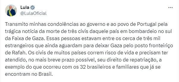 Imagem colorida de captura de tela da declaração do presidente Lula sobre a morte de portugueses na Faixa de Gaza - Metrópoles