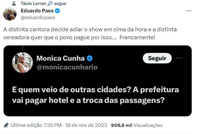 Print colorido de um tweet em que o prefeito Eduardo Paes rebate uma cobrança sobre as passagens dos fãs de Taylor Swift - Metrópoles