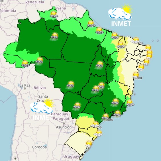 Imagem colorida de previsão do tempo no Brasil (20/11) - Metrópoles