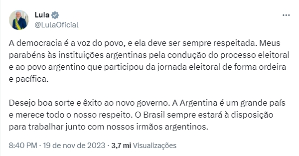 Imagem colorida de declaração de Lula após vitória de Javier Milei - Metrópoles