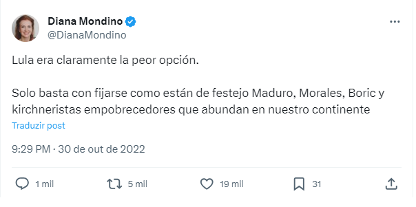 Publicação no X em que Diana Mondino, futura chanceler do governo de Javier Milei, afirma que Lula era a pior opção para os brasileiros na eleição de 2022