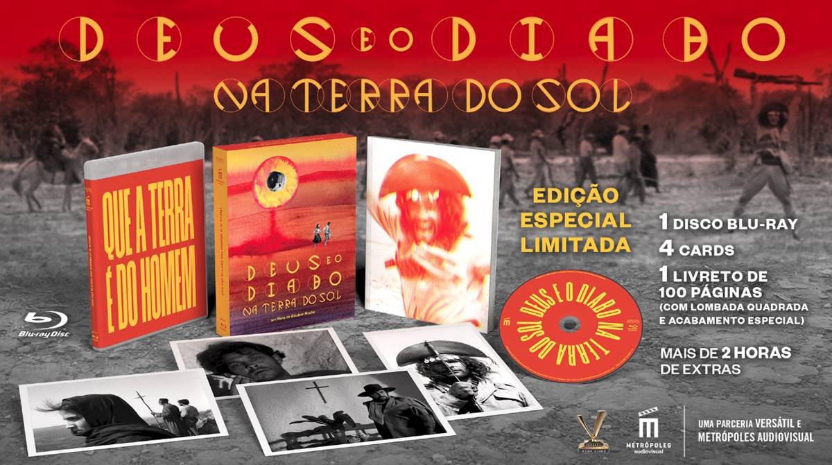 imagem colorida de capa de blu-ray, capa de livro, disco e fotos do filme Deus e o Diabo na Terra do Sol - METRÓPOLES