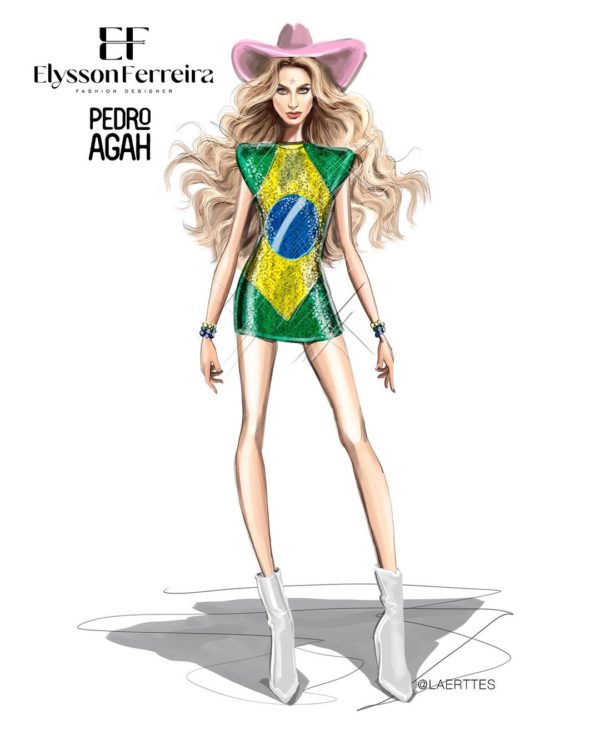 Na imagem com cor, um desenho colorido do looks usado por Anahí em show do RBD no Brasil