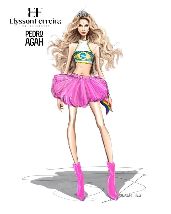 Na imagem com cor, um desenho colorido do looks usado por Anahí em show do RBD no Brasil