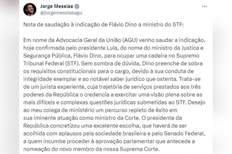 Captura de tela de publicação de Messias no Twitter sobre Dino no STF - Metrópoles