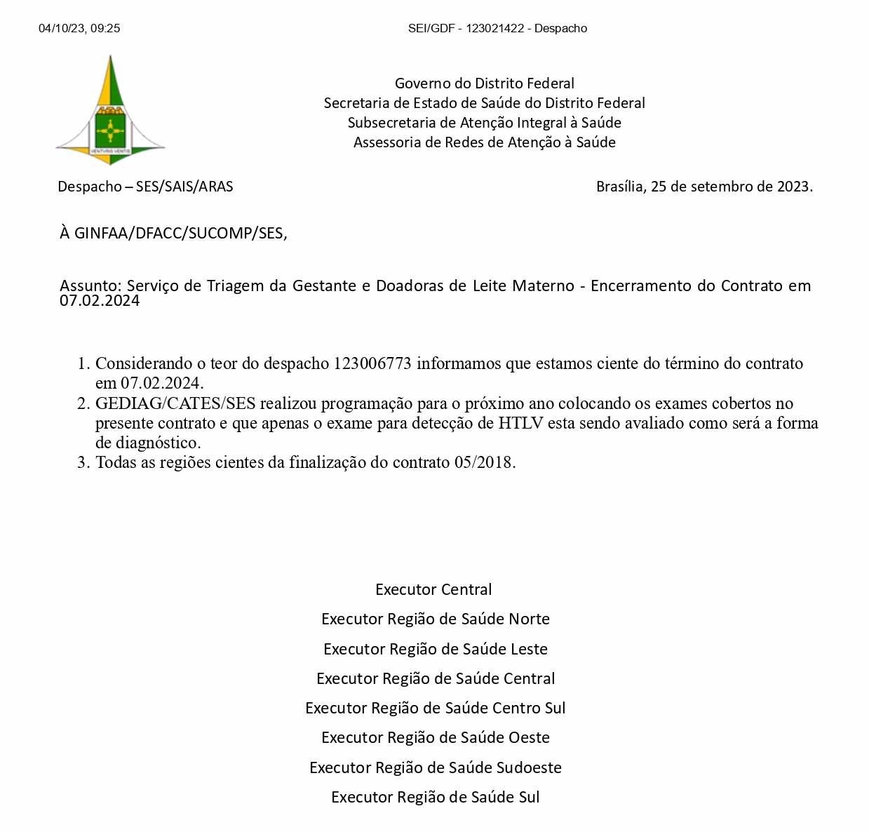 Reprodução de ofício mostra que os exames de triagem da saúde da gestante serão colocados como parte da programação regular da SES