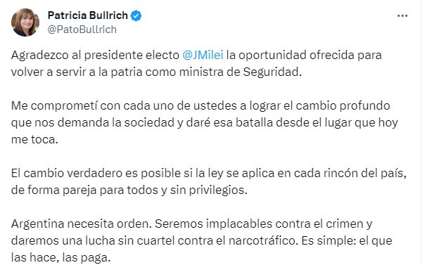 Imagem colorida de pronunciamento de Patricia Bullrich - Metrópoles