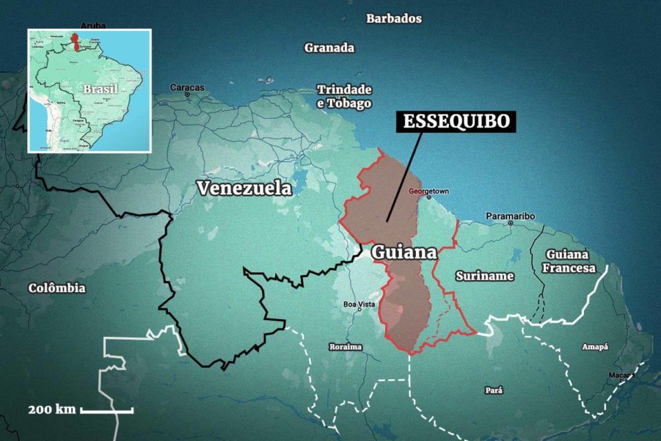 Arte colorida sobre Mapa da disputa entre Venezuela e Guiana - Metrópoles