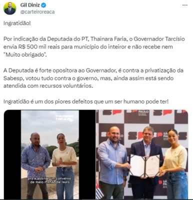 Print mostra tweet do deputado estadual Gil Diniz (PL) - Metrópoles