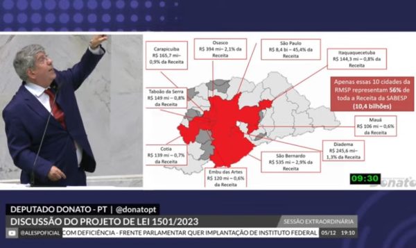 Print de reprodução da TV Alesp mostra o deputado estadual Donato (PT) e um mapa com o faturamento da Sabesp em 10 cidades onde Tarcísio foi derrotado em 2022 - Metrópoles