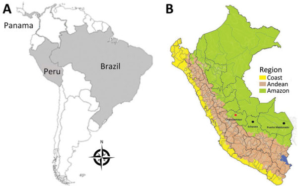 Mapa mostra Brasil, Peru e Panamá sombreados