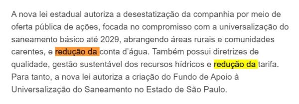 Print de nota do governo de SP mostra texto que diz que tarifa da conta de água irá reduzir com a privatização da Sabesp - Metrópoles