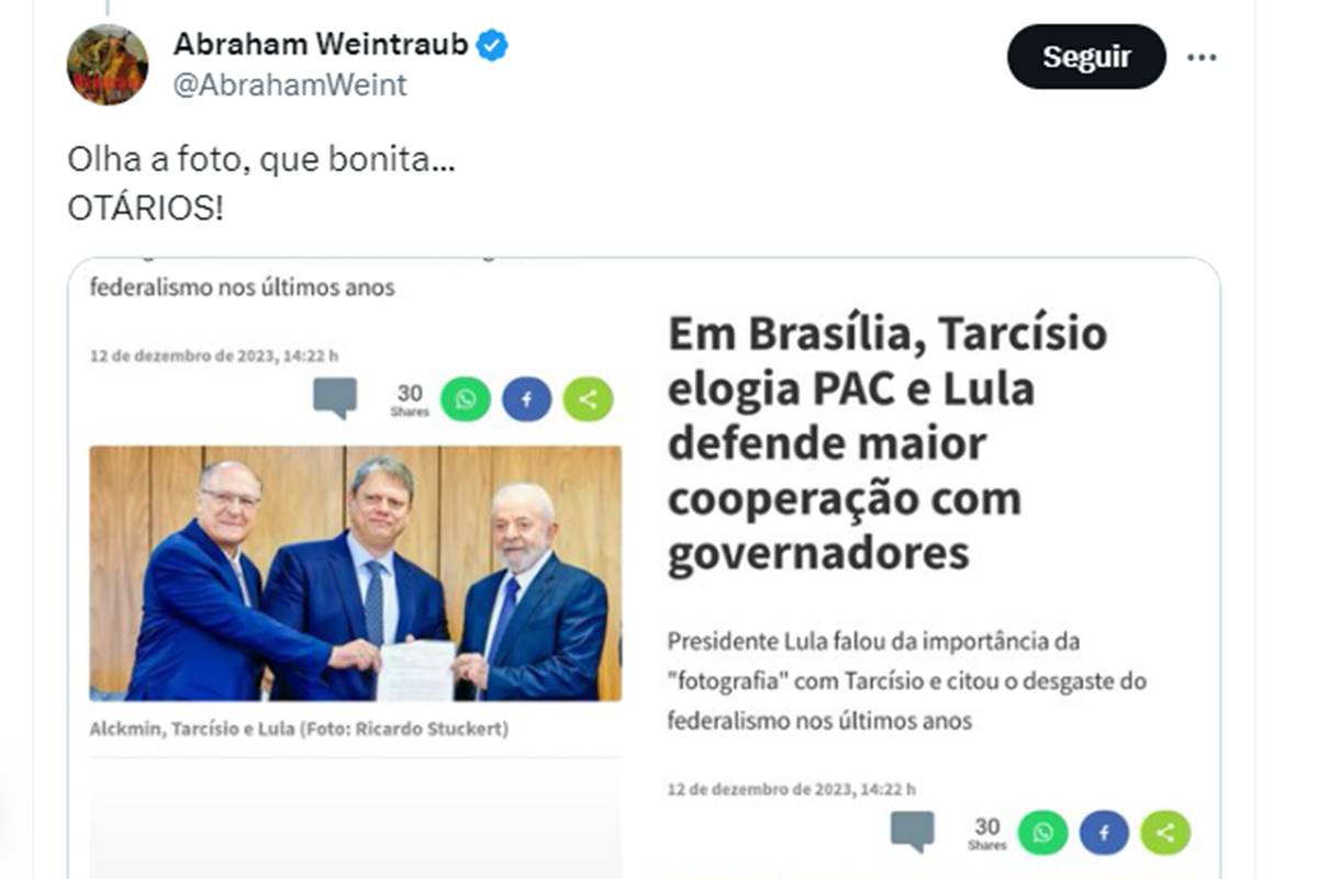 Imagem colorida mostra postagem do ex-ministro da educação Abraham Weintraub - Metrópoles