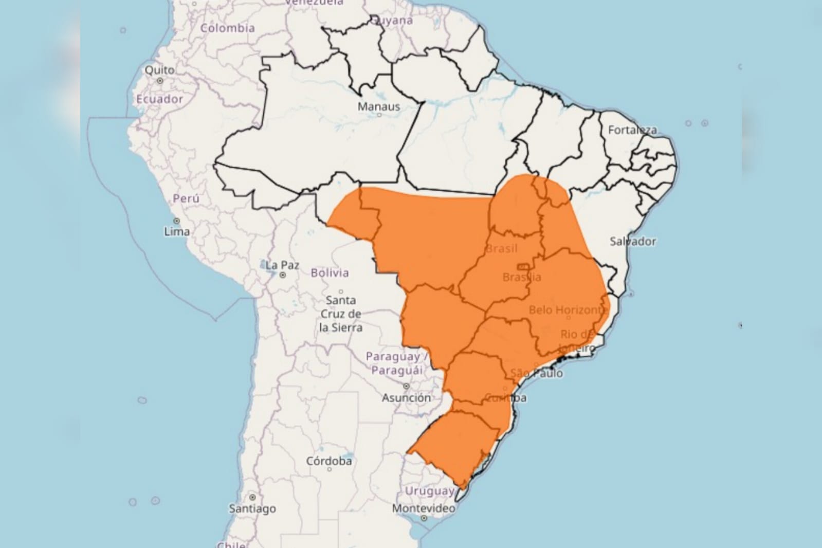 Mapa do Brasil mostra regiões do país atingidas pela onda de calor de dezembro, destacadas em laranja - Metrópoles