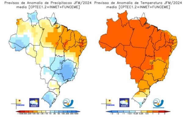 foto colorida de mapas do Inmet e Inpe, que apontam temperaturas mais altas e chuvas fortes nos meses de janeiro, fevereiro e março de 2024 - Metrópoles