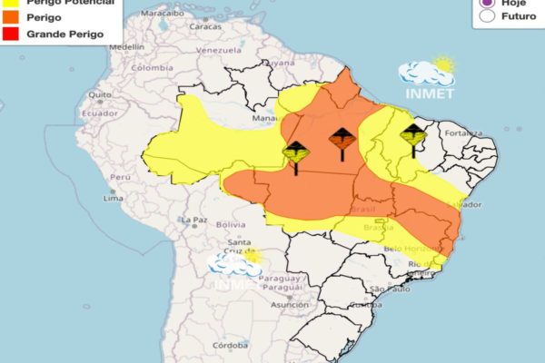 Imagem colorida de mapa do Brasil com previsão do Inmet e alertas - Metrópoles