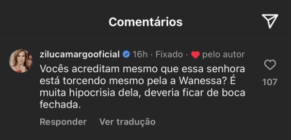 Print de comentário de Zilu Camargo no Instagram - Metrópoles