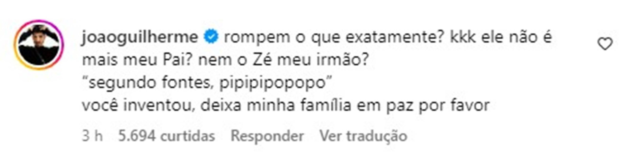 Print de comentário de João Guilherme no Instagran