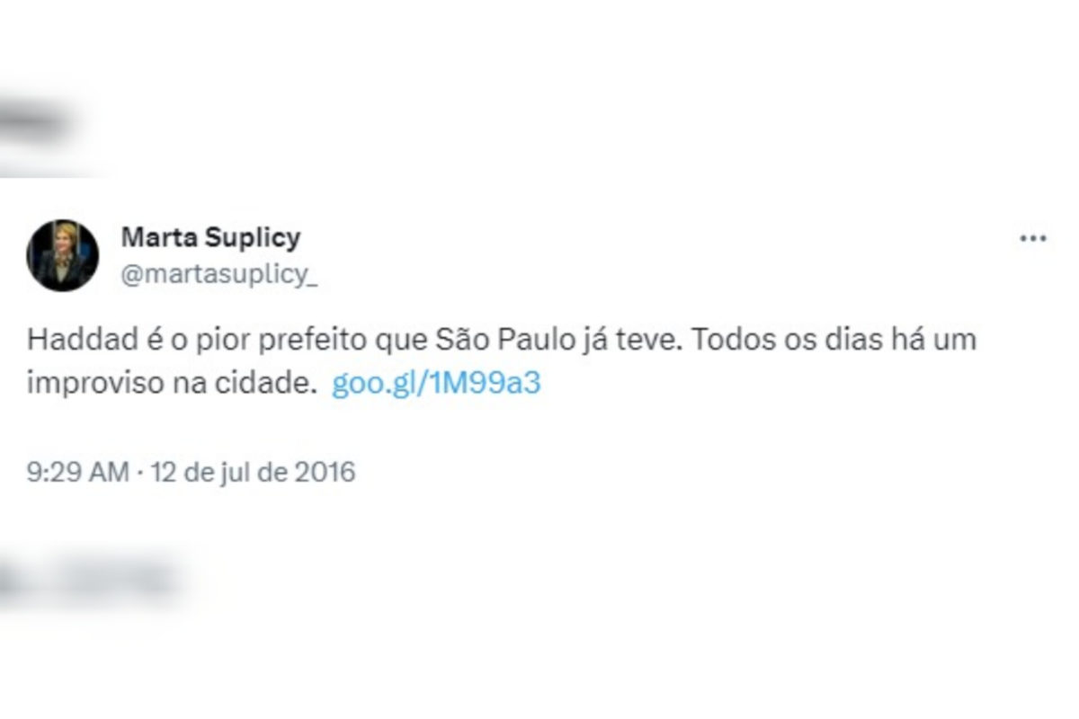 Postagem de Marta Suplicy sobre Fernando Haddad, datada de julho de 2016