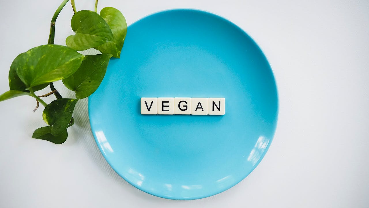 Prato azul com letras formando a palavra Vegan - Metrópoles