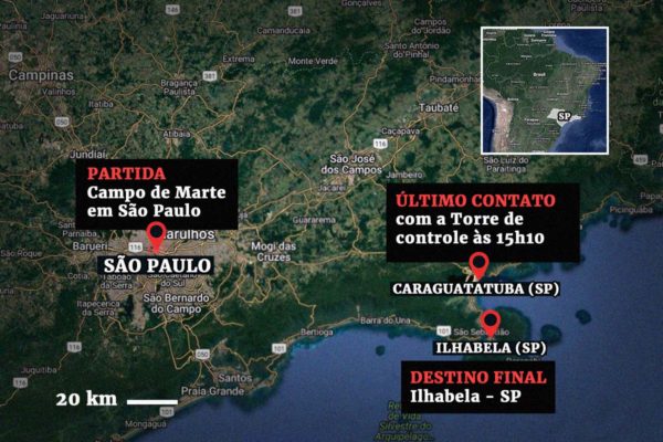 Arte de mapa com informações sobre o desaparecimento do helicóptero - Metrópoles