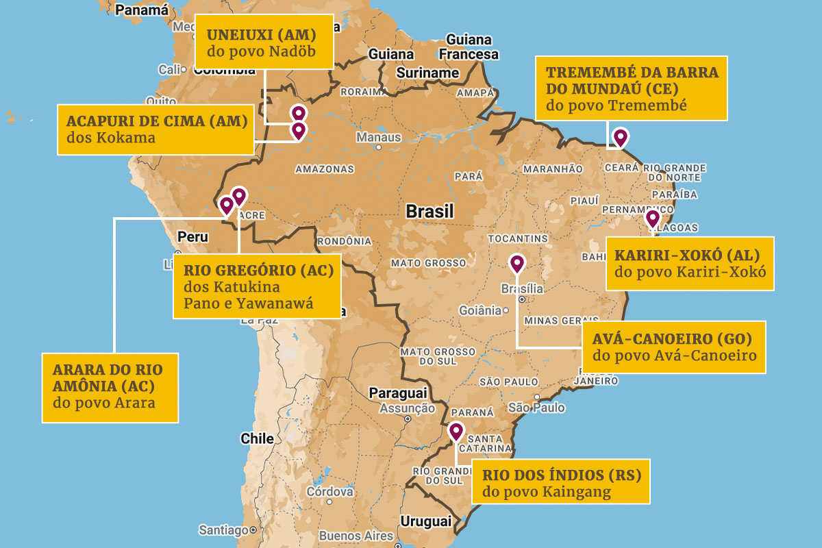 Imagem colorida do mapa do Brasil com as 8 terras indígenas homologadas em 2023 - Brasil