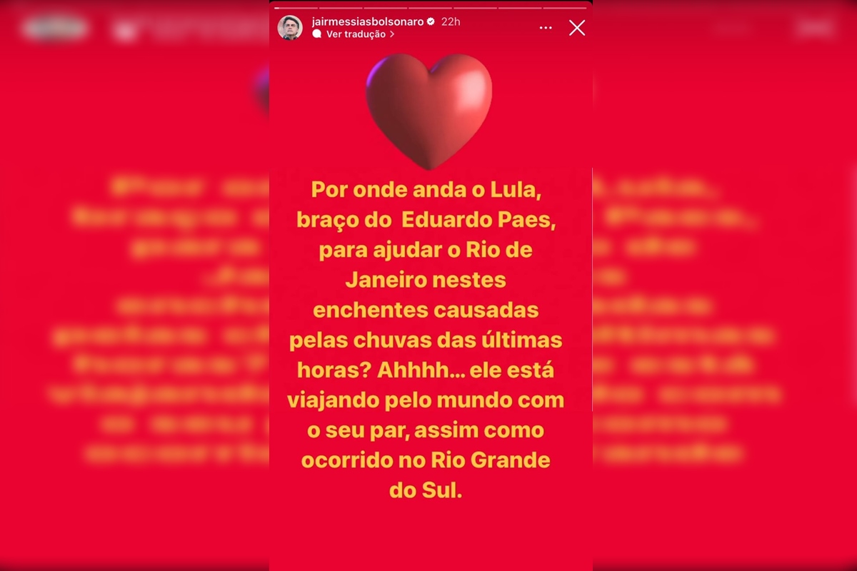 imagem colorida de print no Instagram mostra Jair Bolsonaro criticando Lula por não visitar RJ após chuvas