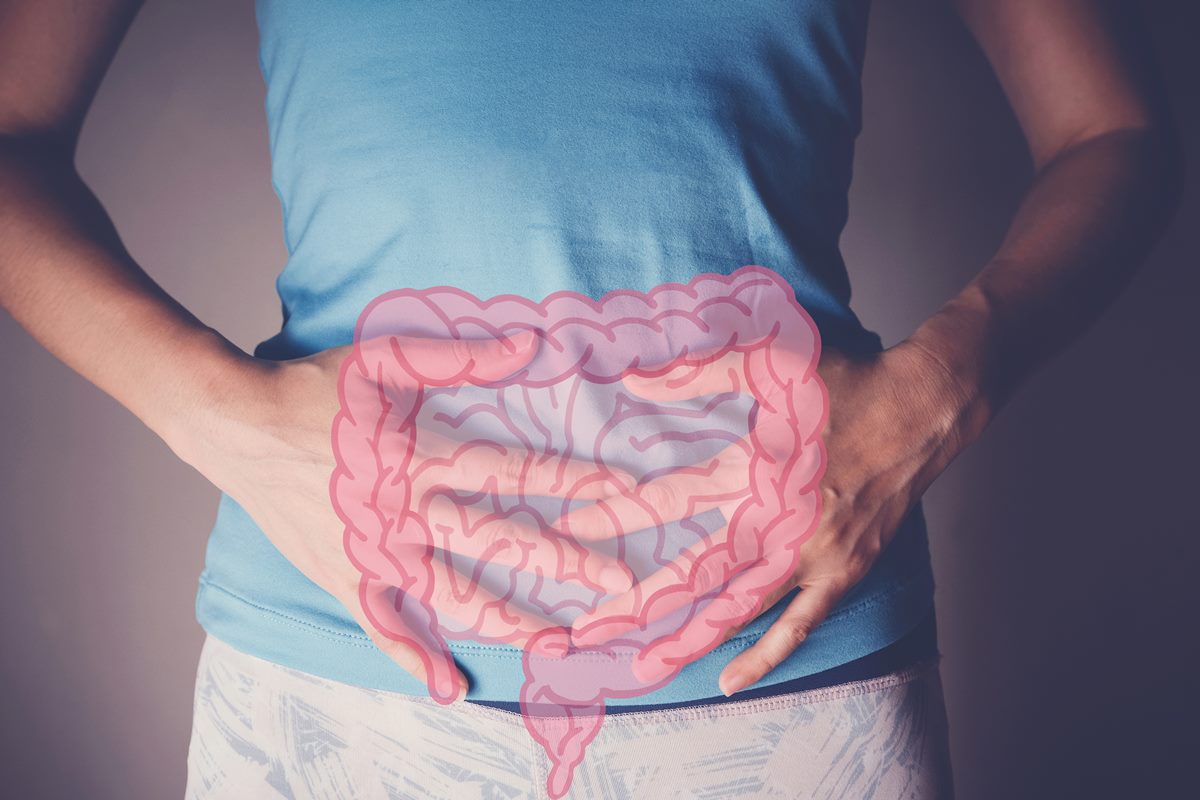 Mulher com as mãos no intestino e um desenho do órgão em cima. A mulher usa blusa azul e a foto mostra apenas o seu tronco.