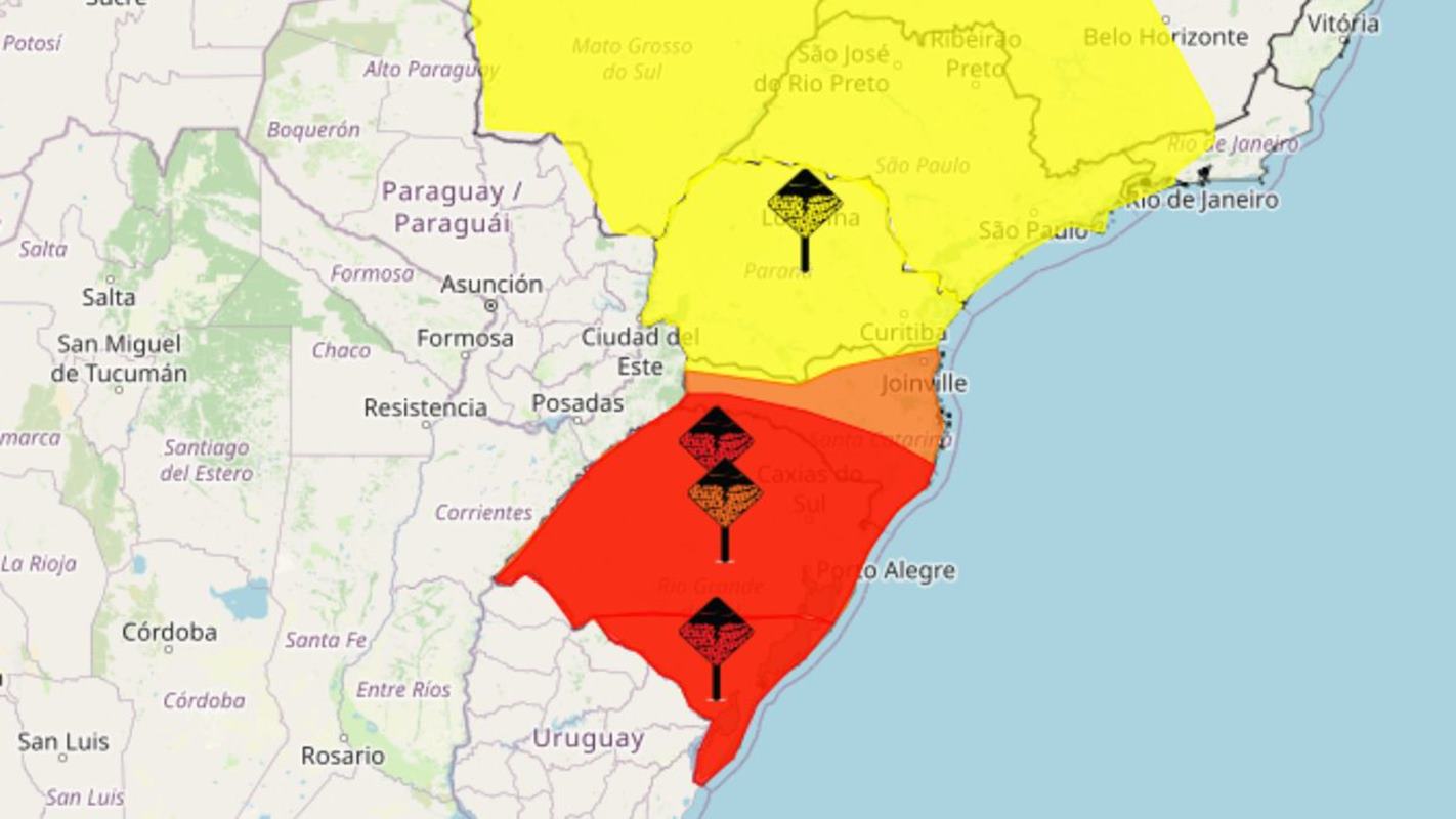 Imagem colorido de mapa que mostra a Região Sul do Brasil, com as cores amarela, laranja e vermelho - Metrópoles