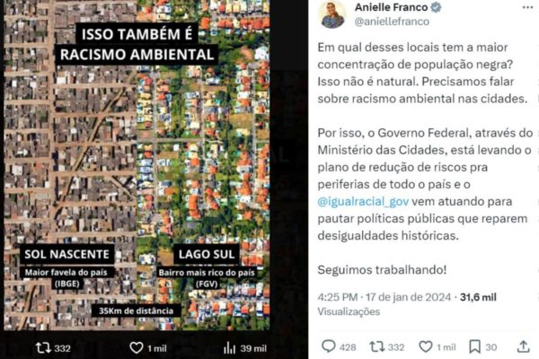 Ministra cita Sol Nascente e Lago Sul em post sobre racismo ambiental