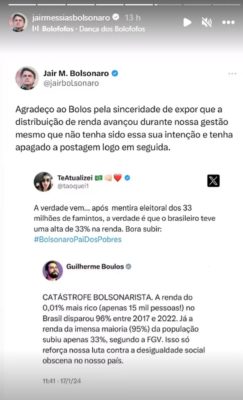 Imagem de um print da conta do ex-presidente Jair Bolsonaro, criticando de forma ironica o deputado Guilherme Boulos - Metrópoles