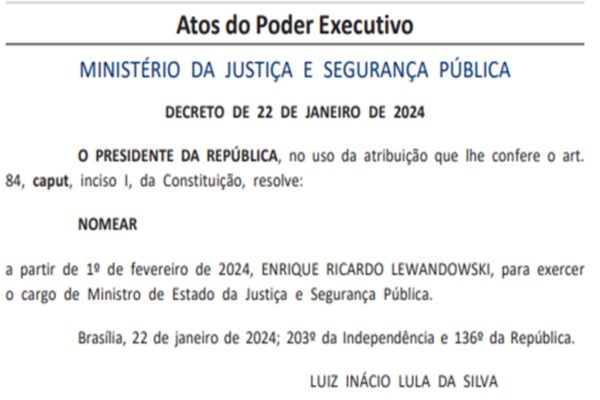 Imagem de nomeação do ministro Ricardo Lewandowski no MInistério da Justiça