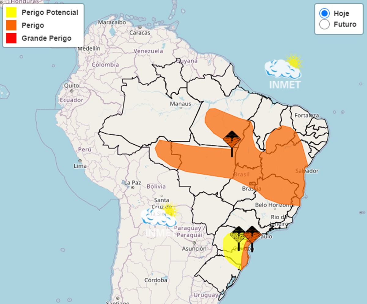 Imagem colorida de previsão de chuvas no Brasil - Metrópoles