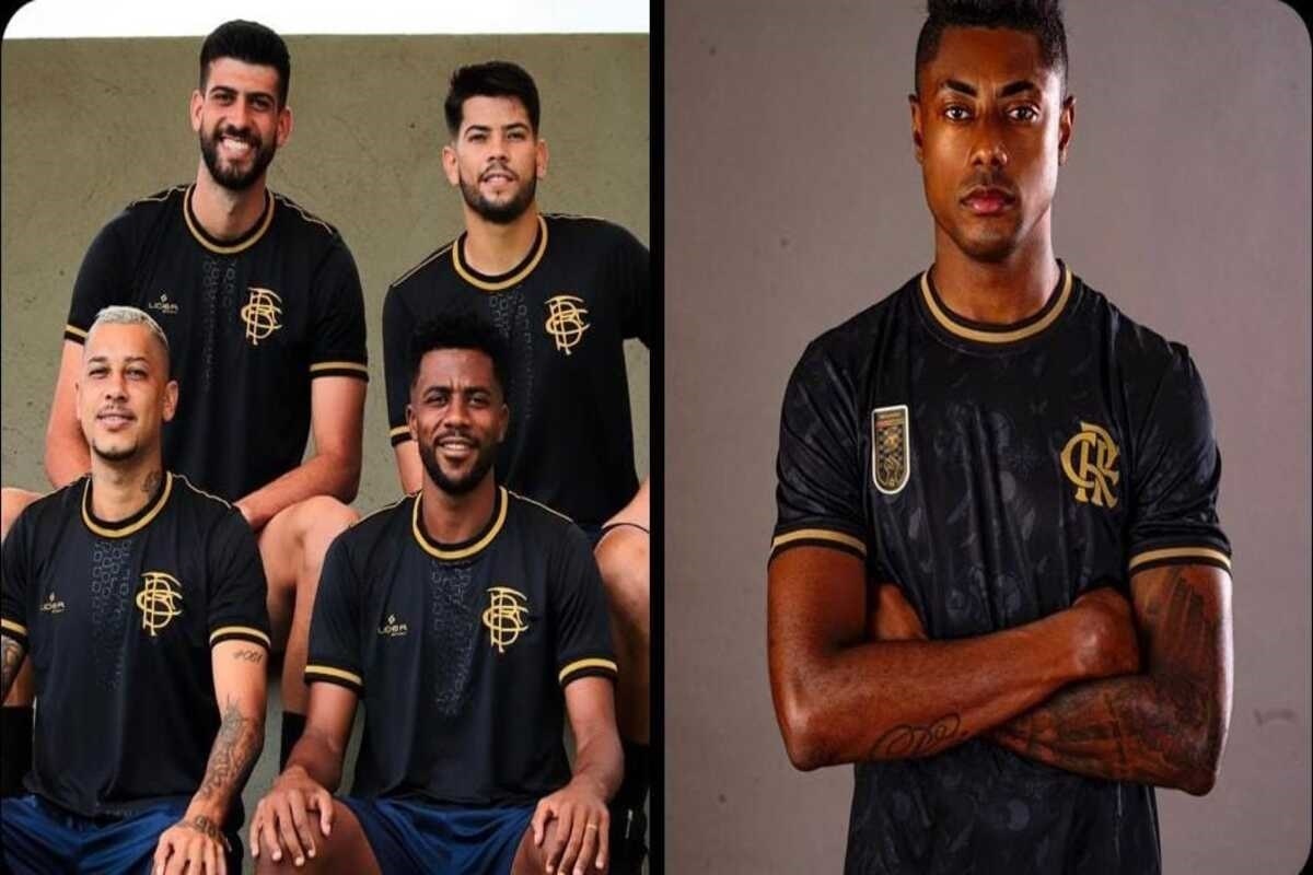 jogadores posam para a foco com camiseta nova