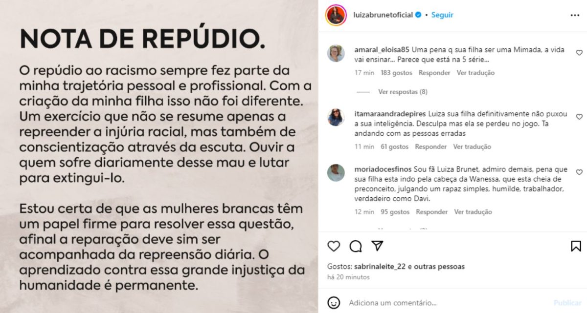 Nota de repúdio de Luiza Brunet sobre racismo