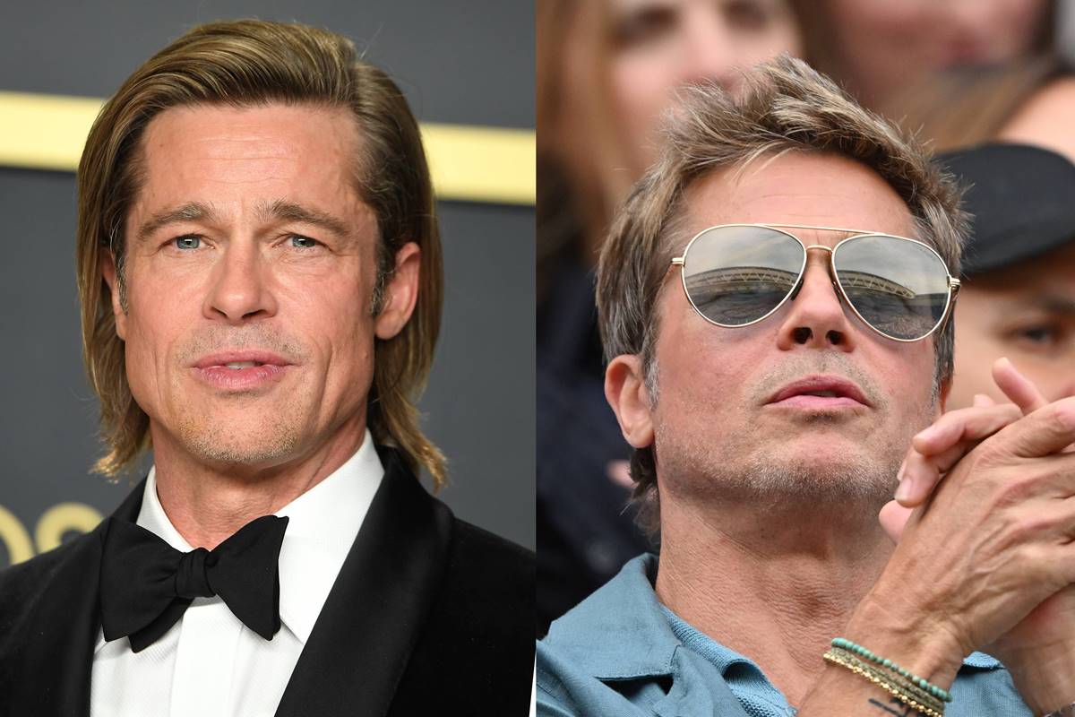 Montagem com duas fotos coloridas do ator Brad Pitt, uma em 2020 e outra em 2023 - Metrópoles