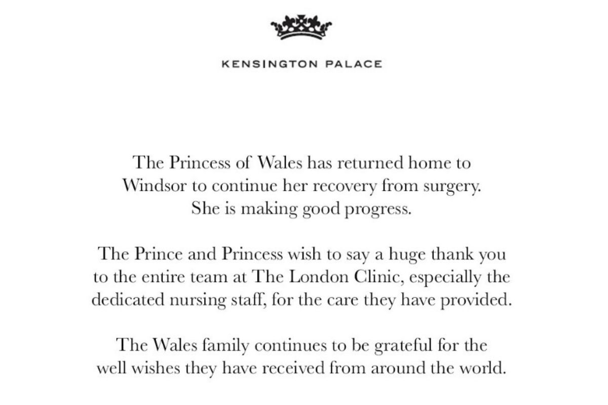 comunicado Palácio de Kensington sobre alta de Kate Middleton