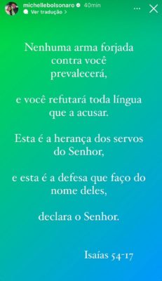 Print da mensagem publicada pela ex-primeira-dama, Michelle Bolsonaro - Metrópoles