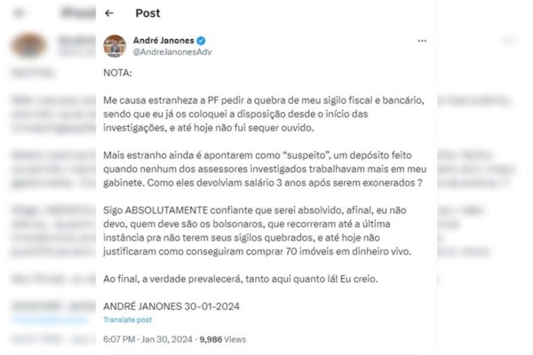 Foto colorida de publicação de André Janones sobre suposto esquema de rachadinha - Metrópoles