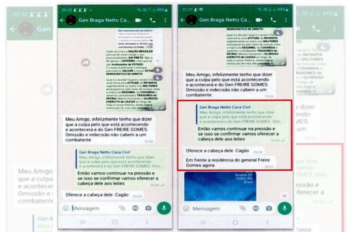 Captura de tela de mensagem de whatsapp de Braga Netto chamando comandante do Exército de cagão - Metrópoles