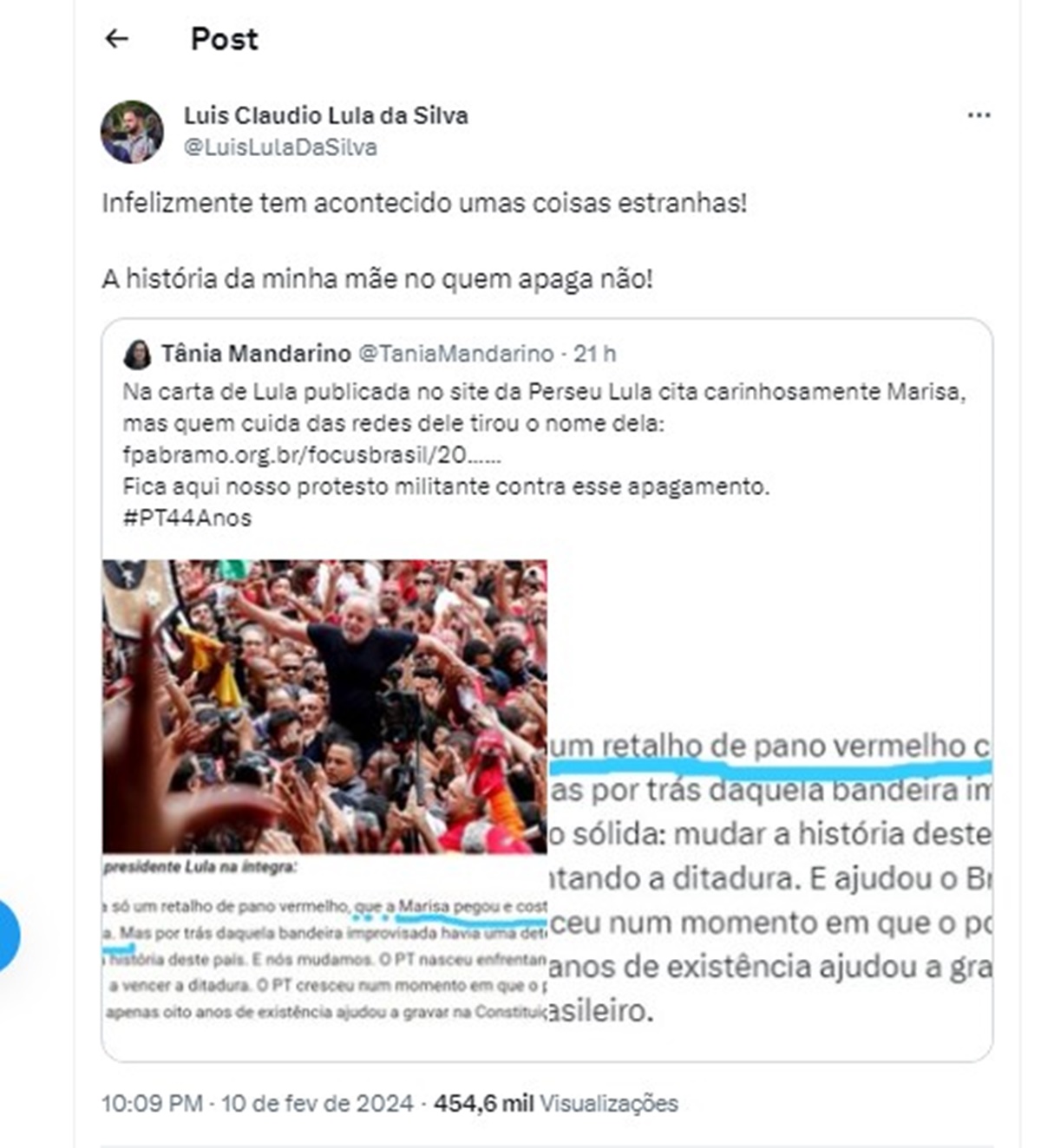 Post filho de Lula sobre Marisa